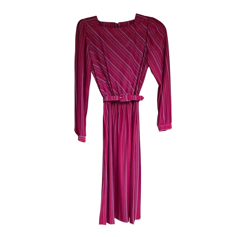 70s-80s‎ SALLY LOU Women's Dress Size 12 Red Striped Midi Secretary Belted EUC